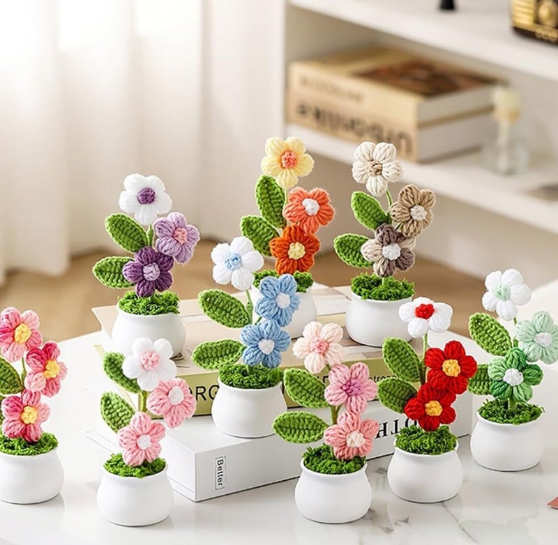 VRB Dec زهور كروشيه صناعية من بلاستيك TM 1 قطعة لزينة مكتب السيارة، زينة منزلية، مكتب، غرفة نوم، زينة عيد الميلاد، زفاف، ديوالي. (ديزي وردية ثلاثية مع وعاء) - Image 5