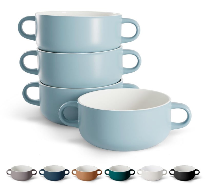Kook KooK Soup Crocks Ceramic Bowls Broil Oven Microwave and Dishwasher Safe with Handles For Casserole Pasta Cereal 18 oz Set of 4 Pale Blue 
