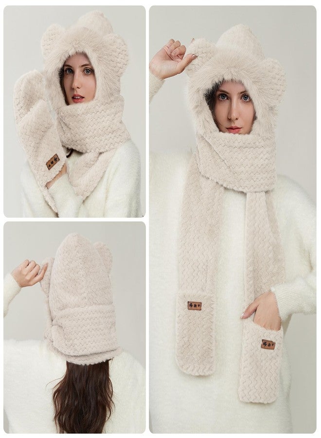 RainFlowwer Beige Hooded Scarf for Women Winter, Cute Bear Ear Hat Scarves 3 in 1 Faux Fur Gloves Set Soft Thick Warm Hat - Image 5