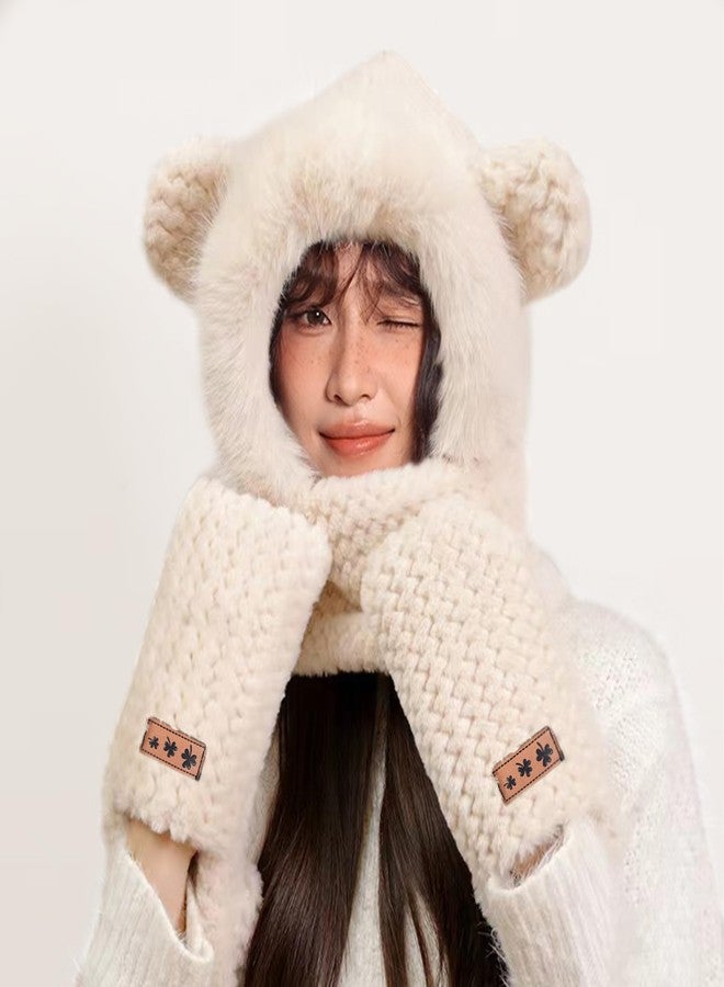 RainFlowwer Beige Hooded Scarf for Women Winter, Cute Bear Ear Hat Scarves 3 in 1 Faux Fur Gloves Set Soft Thick Warm Hat - Image 3