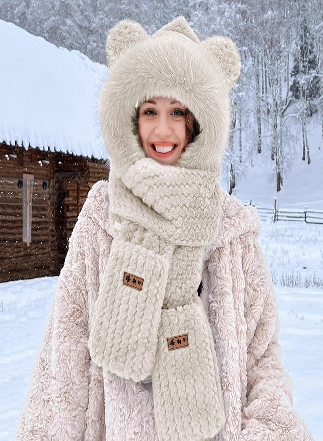 RainFlowwer Beige Hooded Scarf for Women Winter, Cute Bear Ear Hat Scarves 3 in 1 Faux Fur Gloves Set Soft Thick Warm Hat - Image 2