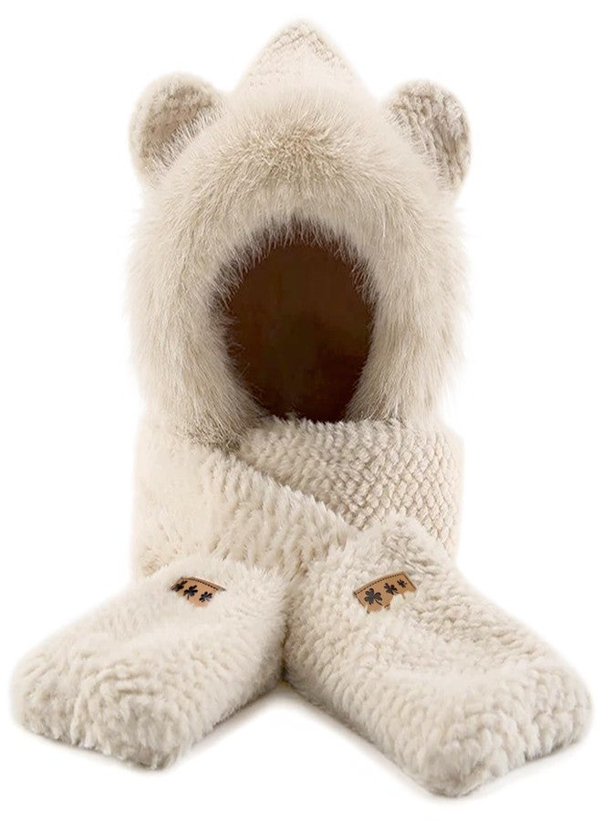 RainFlowwer Beige Hooded Scarf for Women Winter, Cute Bear Ear Hat Scarves 3 in 1 Faux Fur Gloves Set Soft Thick Warm Hat - Image 1