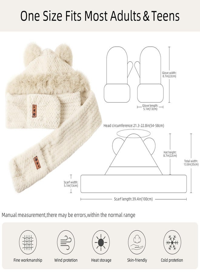 RainFlowwer Beige Hooded Scarf for Women Winter, Cute Bear Ear Hat Scarves 3 in 1 Faux Fur Gloves Set Soft Thick Warm Hat - Image 4