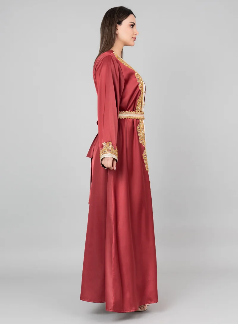 IKKXA Classic Elegance Belted 2-piece Kaftan IK2020 Maroon