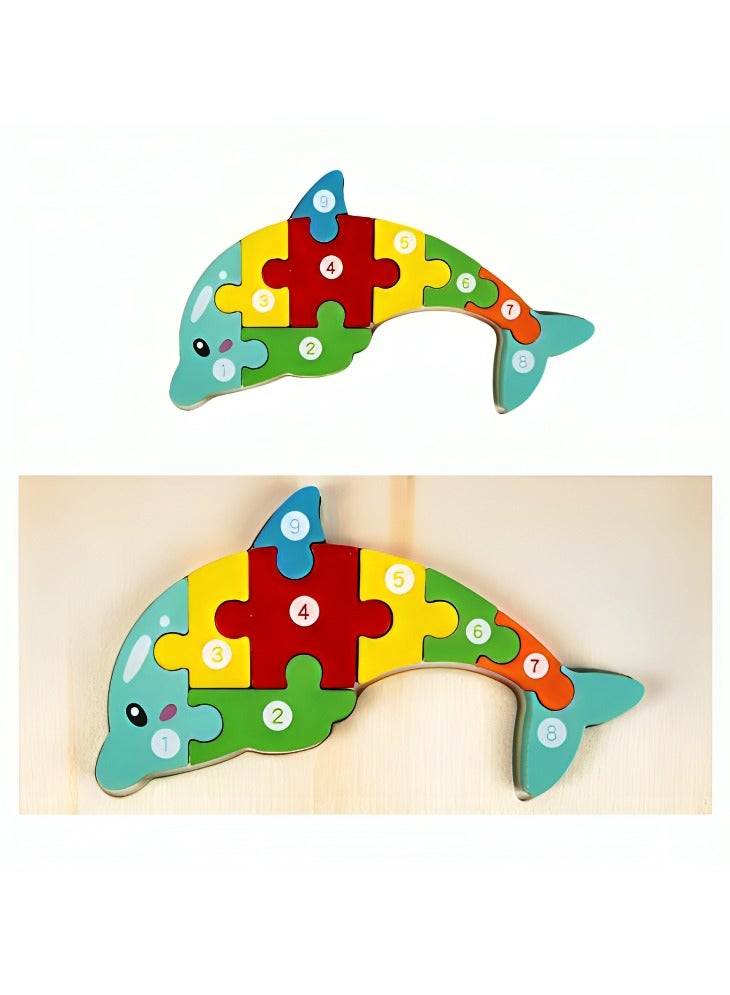 Colorful Wooden 3D Puzzles, Shape Design with Numbers, Teacher Parents Early Learning Support Tools, Attractive Patterns, Montessori Fine Motor Skill Develop Toys, Ideal Kids Gift (Dolphin Shape) - Image 1