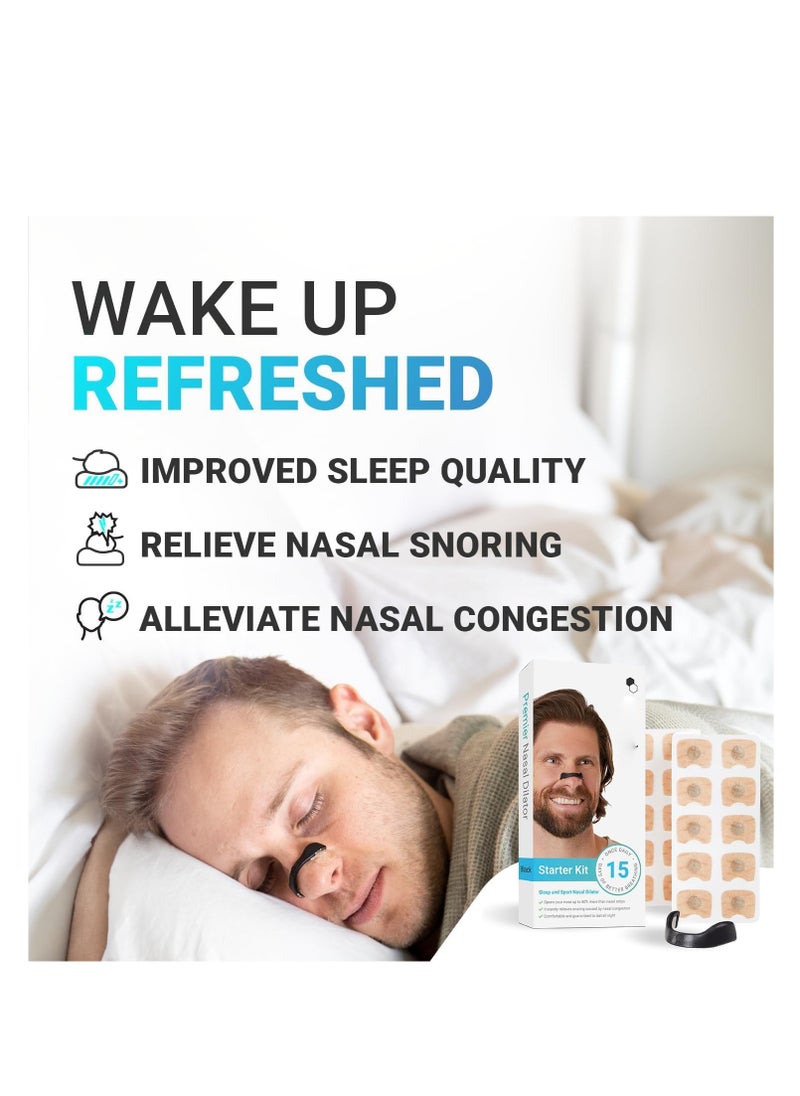 Nasal Strip Starter Kit (15 Count) - Boost Oxygen Intake, Reduce Snoring, Improve Sleep Quality - Sweat Resistant, Skin Safe Nasal Strips - Extra Strength Snoring Solution