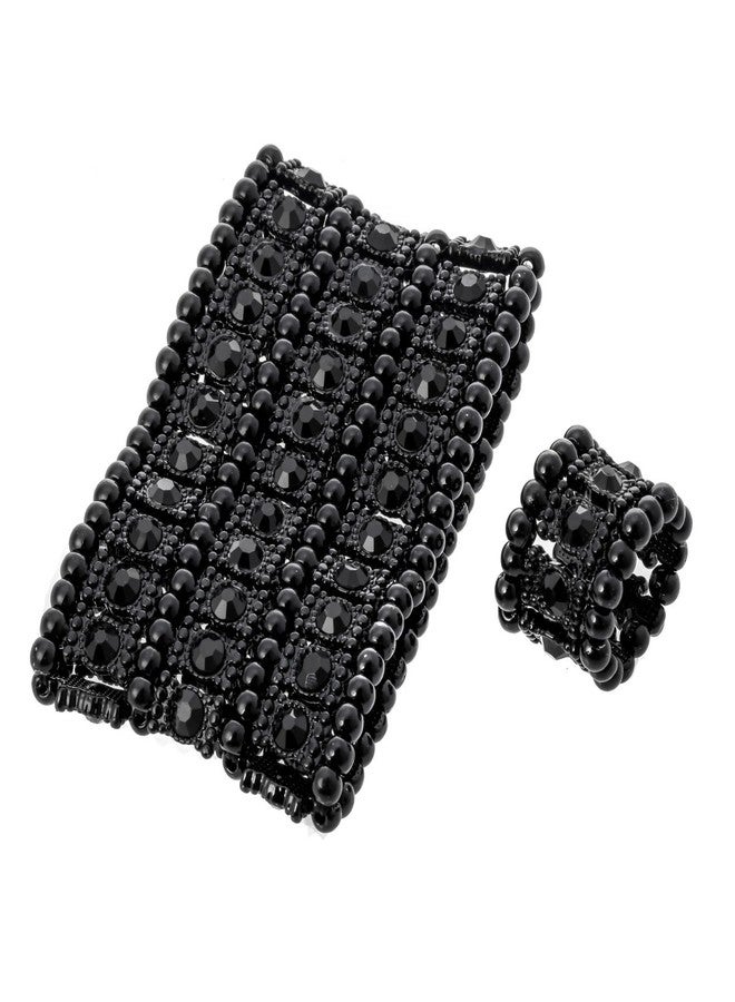 YACQ طقم سوار وخاتم مطاطي للنساء من YACQ - يناسب مقاس المعصم من 6.5 إلى 7.5 بوصة ومقاس الإصبع من 6.5 إلى 9 بوصة - عرض السوار 2 بوصة - خالٍ من الرصاص والنيكل (طقم سوار وخاتم أسود داكن) - Image 2