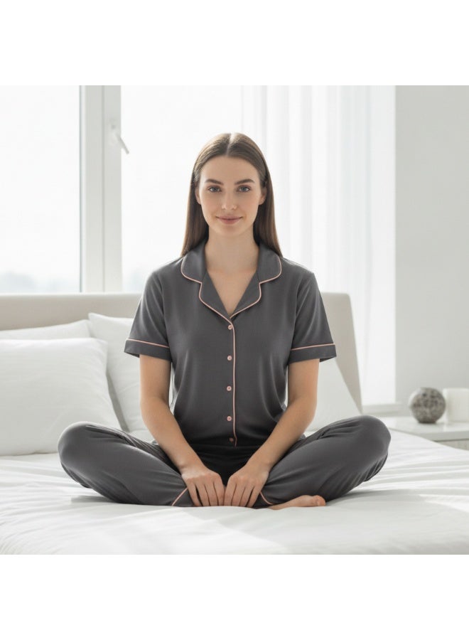 JOANNA 2-Piece Pajama Set Short Sleeve Button-Down Top and Pants Soft Sleepwear for Women - Image 5