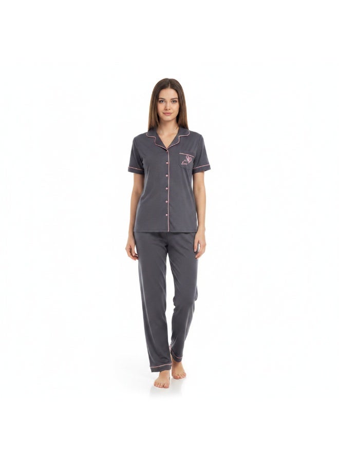 JOANNA 2-Piece Pajama Set Short Sleeve Button-Down Top and Pants Soft Sleepwear for Women - Image 1