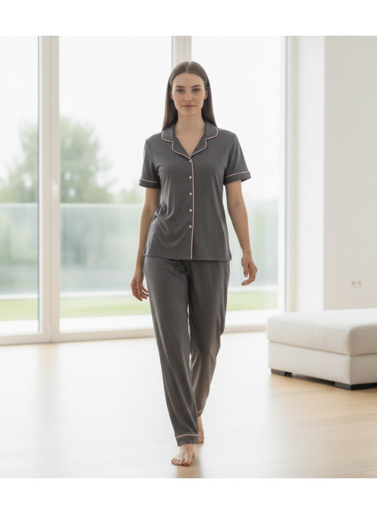 JOANNA 2-Piece Pajama Set Short Sleeve Button-Down Top and Pants Soft Sleepwear for Women - Image 4