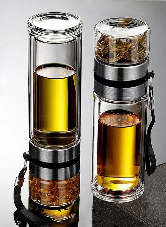 HOOPZOZA 450ml Tea Infuser Bottle Glass Tea Infuser Silver Glass Tea Tumbler Double Wall Glass Tea Cup with Stainless Steel Filter Double Wall Borosilicate Glass  - Image 2