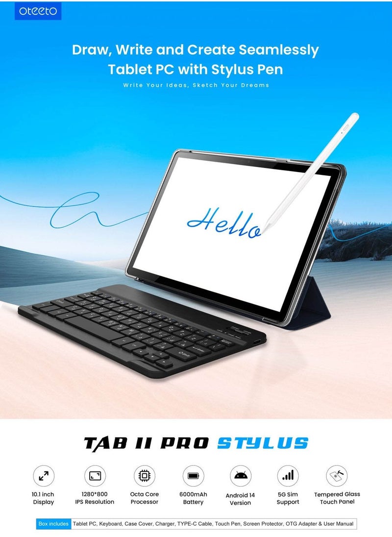 Oteeto TAB 11 Pro Stylus 8 GB RAM 512 GB ROM 10.1 Inch Display 5G Android Tablet PC With Wireless Keyboard Stylus Pen and 6000 mAh Battery Grey