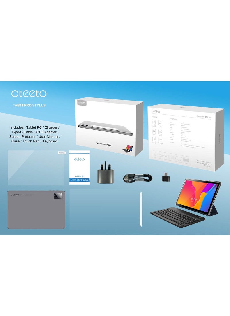 Oteeto TAB 11 Pro Stylus 8 GB RAM 512 GB ROM 10.1 Inch Display 5G Android Tablet PC With Wireless Keyboard Stylus Pen and 6000 mAh Battery Grey