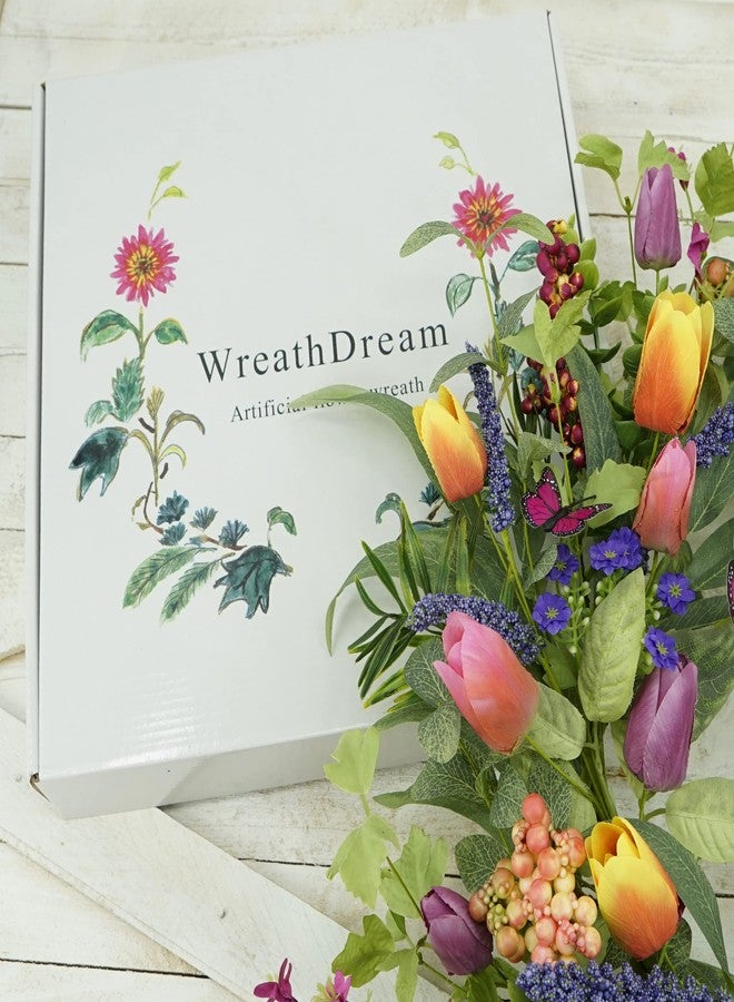 WreathDream إكليل زهور صناعي من WreathDream مزين بأزهار التوليب الملونة، مثالي لتزيين باب المنزل الأمامي، أو ديكور المنزل الريفي، أو الديكور الداخلي والخارجي، أو حتى ديكورات المهرجانات المنزلية. - Image 5