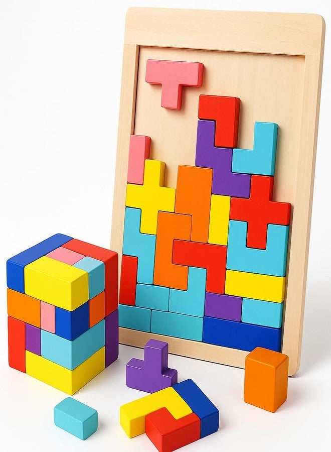 Litilish Wooden Puzzle Combo 2 in 1 Brain-Booster - Colour Sorter for Kids and Wooden Russian Blocks Puzzle | Educational Travel Toys for Kids 5 and Above, Gift for Boys Girls - Pack of 2 - Image 2