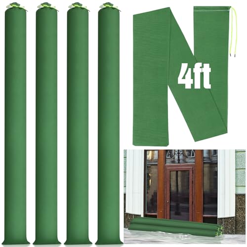 Threan 4 Pcs 4 ft Sandbags for Flooding Flood Prevention Sand Tube Bags Thickened Canvas Reusable Rain Wind Flood Barrier with Elastic Band Water Barrier Tube for Door Garden Rain Control Green - Image 1