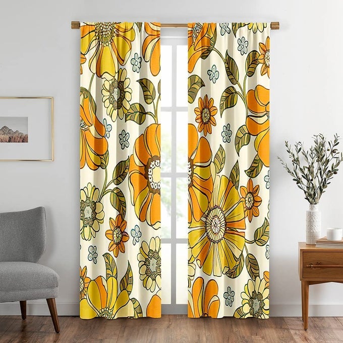 DAISY FLOWER PATTERN WINDOW DRAPES CURTAIN COLORFUL LARGE FLORAL RETRO 70S STYLE ROD POCKET DRAPES CURTAIN FOR LIVING ROOM HOME DECOR 26X84 INCHES 2 PANELS