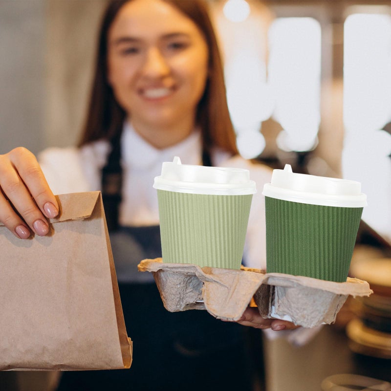 Whaline 100Pcs Sage Green Disposable Coffee Cups with Lids Gradient Green Paper Cups Corrugated Ripple Wall Insulated Hot Cups for Home Office Party Supplies - Image 5