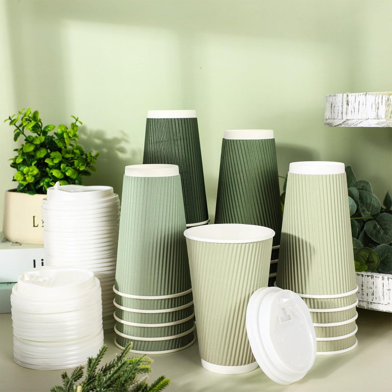 Whaline 100Pcs Sage Green Disposable Coffee Cups with Lids Gradient Green Paper Cups Corrugated Ripple Wall Insulated Hot Cups for Home Office Party Supplies - Image 3
