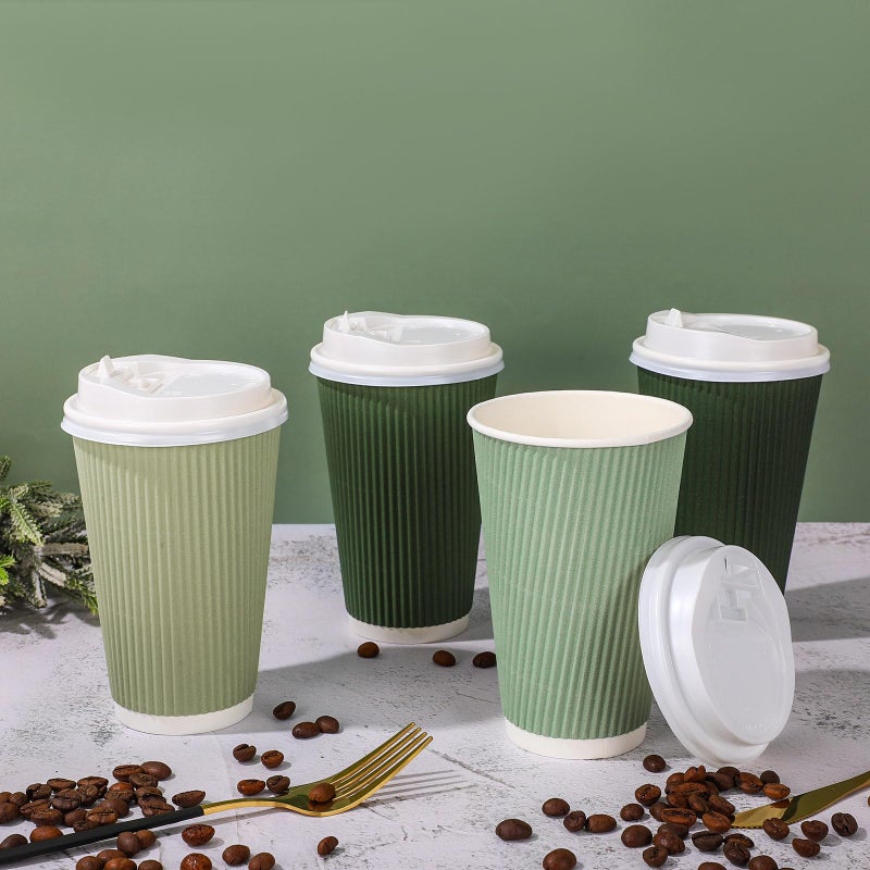 Whaline 100Pcs Sage Green Disposable Coffee Cups with Lids Gradient Green Paper Cups Corrugated Ripple Wall Insulated Hot Cups for Home Office Party Supplies - Image 4