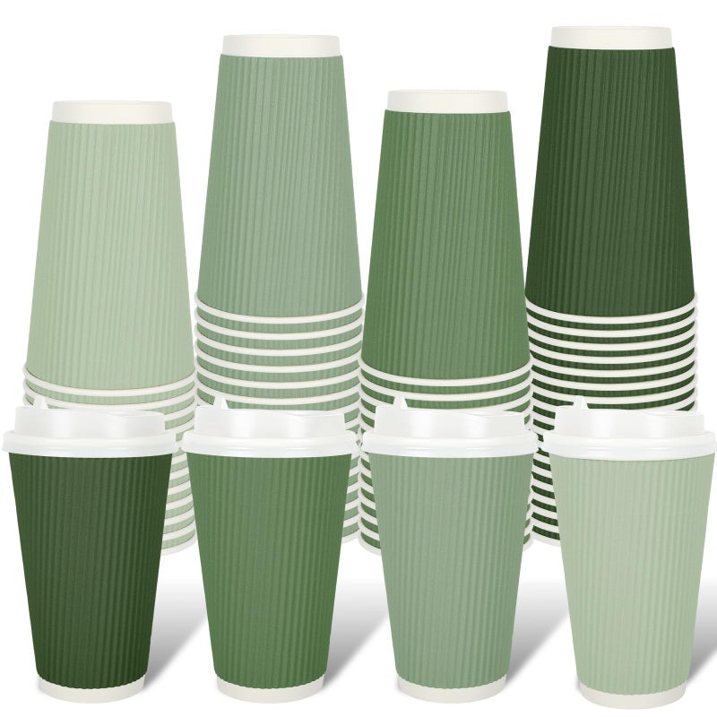 Whaline 100Pcs Sage Green Disposable Coffee Cups with Lids Gradient Green Paper Cups Corrugated Ripple Wall Insulated Hot Cups for Home Office Party Supplies - Image 1