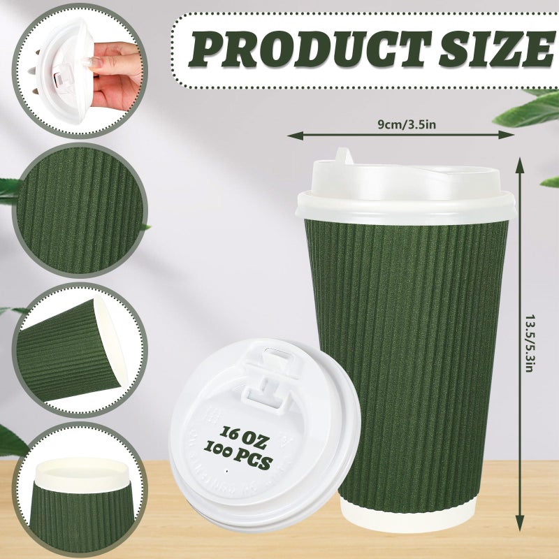 Whaline 100Pcs Sage Green Disposable Coffee Cups with Lids Gradient Green Paper Cups Corrugated Ripple Wall Insulated Hot Cups for Home Office Party Supplies - Image 2