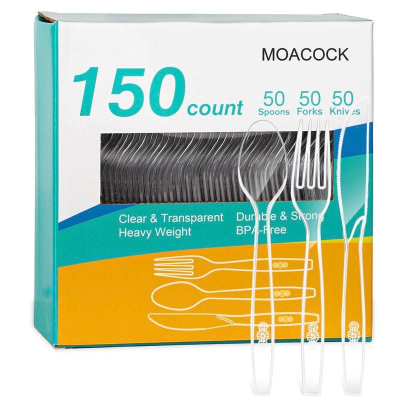 MOACOCK 150 Pcs Clear Plastic Silverware Heavy Weight Plastic Forks Spoons Knives Disposable Utensils Cutlery Set for Wedding Party Supplies Everyday Use