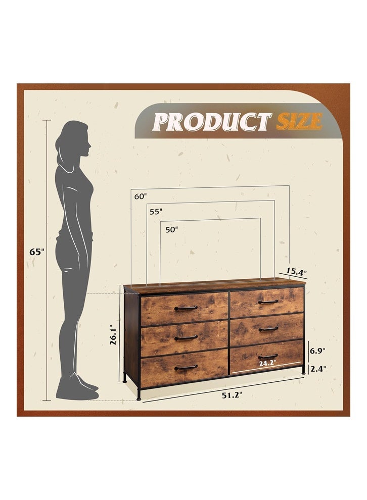 keke Wide Fabric Drawer Dresser in Rustic Brown, Large Long Chest of Drawers with Deep Storage for Bedroom, Closet & Living Room - Image 3