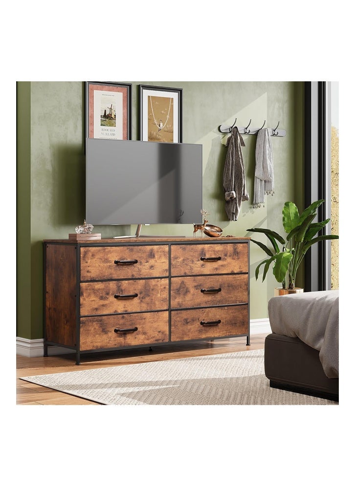 keke Wide Fabric Drawer Dresser in Rustic Brown, Large Long Chest of Drawers with Deep Storage for Bedroom, Closet & Living Room - Image 2