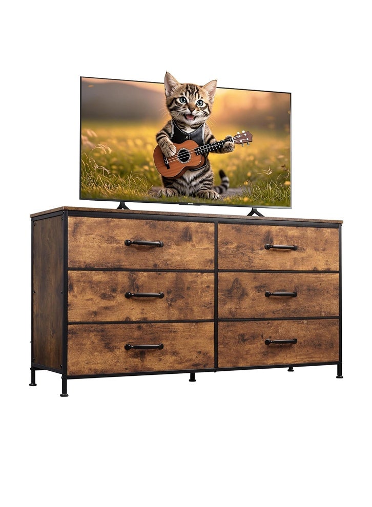keke Wide Fabric Drawer Dresser in Rustic Brown, Large Long Chest of Drawers with Deep Storage for Bedroom, Closet & Living Room - Image 1