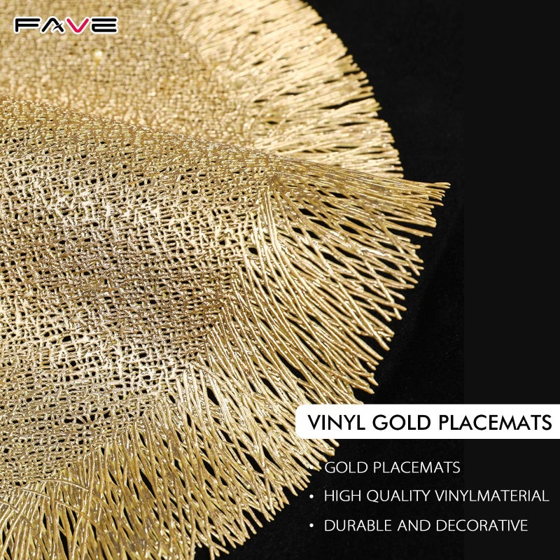 FAVE Gold Round Vinyl Placemats Set of 6, Washable Hollow Out Tassel Place Mats for Table Decoration, Daily Table Use, Holiday Decoration(15 inch,6PCS) - Image 3