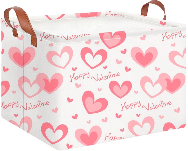CLOCOR Rectangular Pink Valentines' Gift Basket Collapsible Cute Pattern Storage Bin,Waterproof Books Box with Handles,Storage Basket(Pink Happy Valentine) - Image 1
