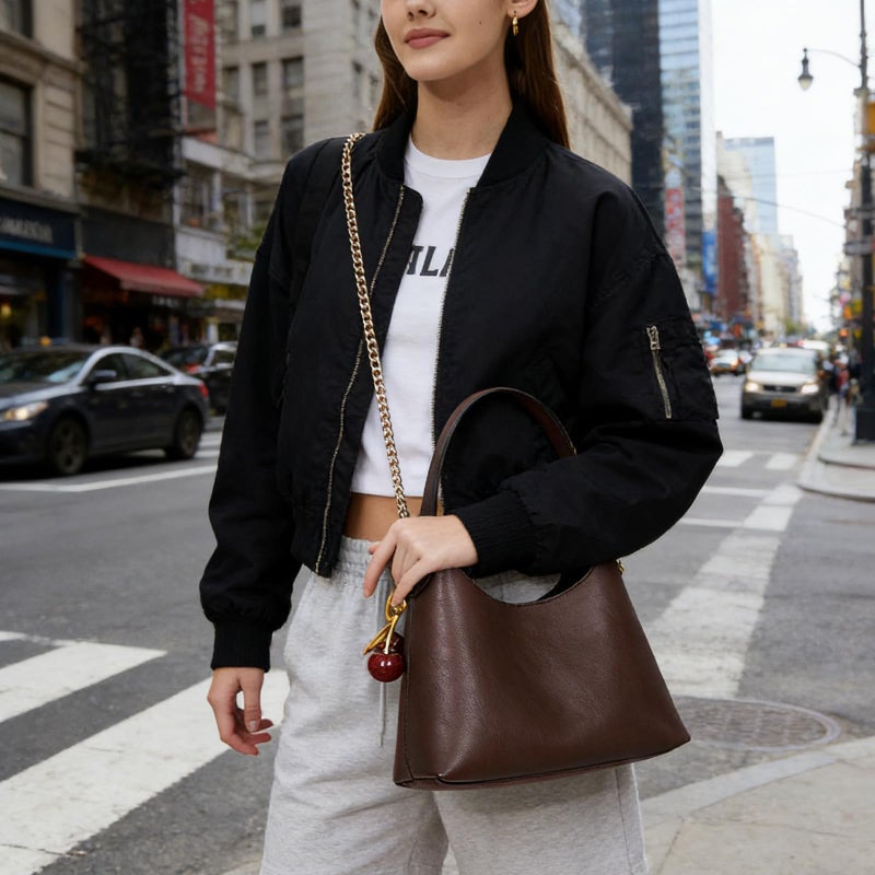 JQWSVE Small Hobo Bags for Women Cherry Shoulder Bag Purse Faux Leather Tote Handbag Trendy Chain Crossbody Bag - Image 3