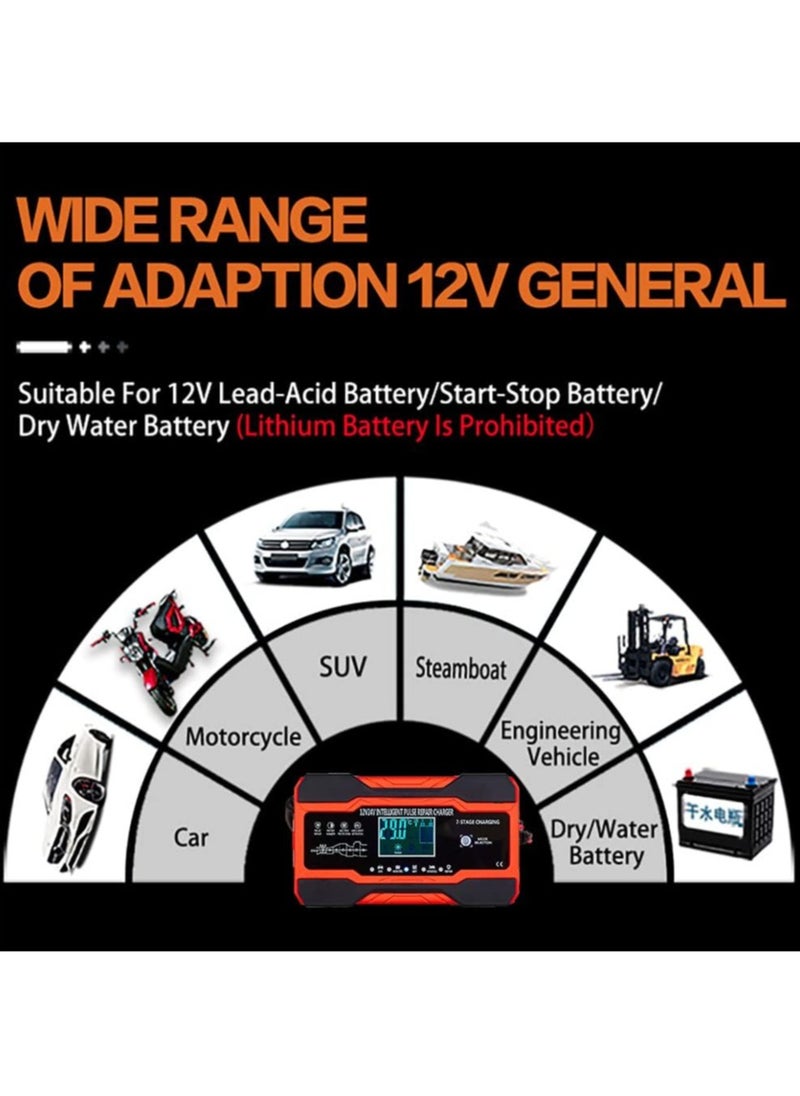RECTO - 12V/24V Car Battery Charger Battery Trickle Charger with LCD Screen Multiple Protection for Car Battery, Motorcycle, Lawnmower or Boat - Image 1