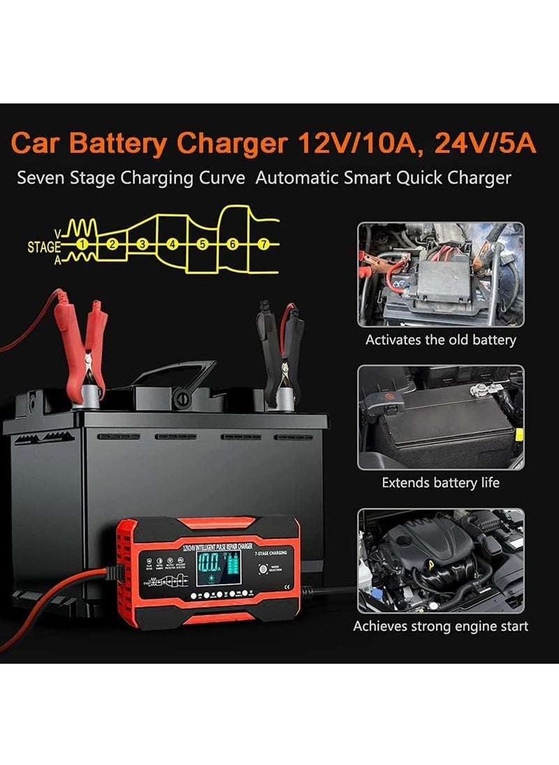 RECTO - 12V/24V Car Battery Charger Battery Trickle Charger with LCD Screen Multiple Protection for Car Battery, Motorcycle, Lawnmower or Boat - Image 1
