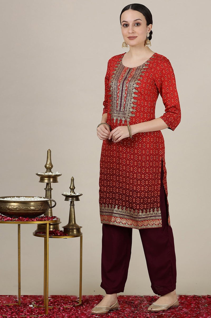 Aurelia Women’s Abstract Printed Straight Kurta | Round Neck Kurta for Women | Printed Kurta for Women | Beautiful Regular Fit Kurta for Women Red - Image 4