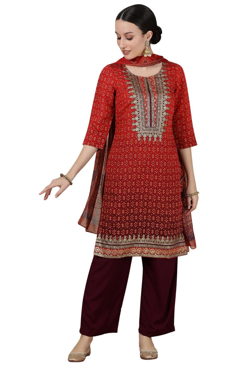 Aurelia Women’s Abstract Printed Straight Kurta | Round Neck Kurta for Women | Printed Kurta for Women | Beautiful Regular Fit Kurta for Women Red - Image 1