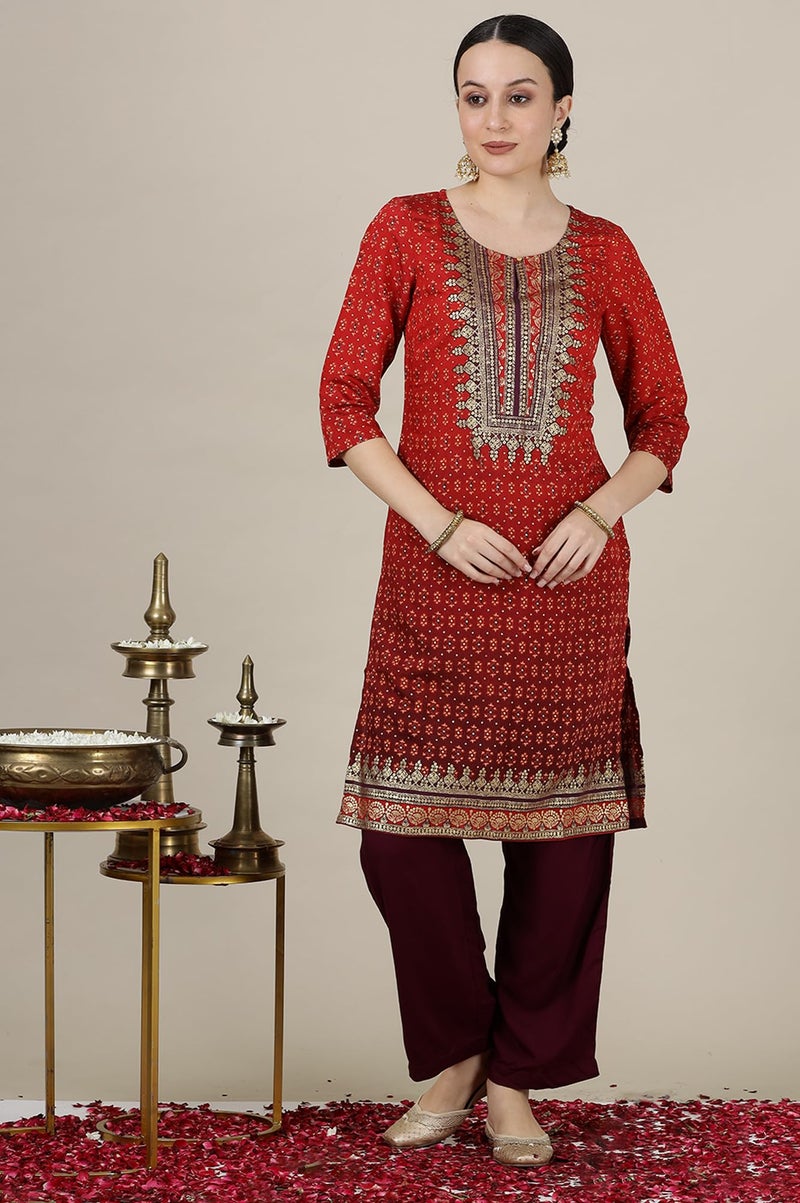 Aurelia Women’s Abstract Printed Straight Kurta | Round Neck Kurta for Women | Printed Kurta for Women | Beautiful Regular Fit Kurta for Women Red - Image 2