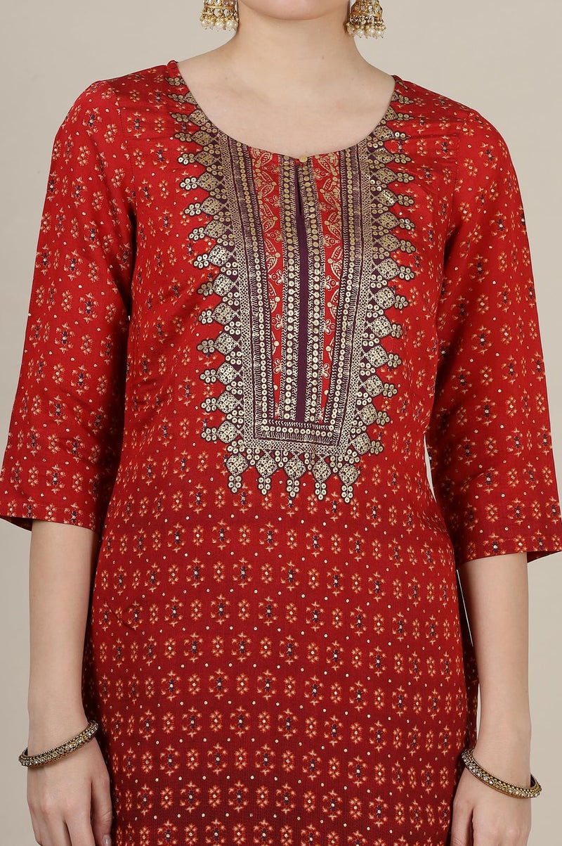 Aurelia Women’s Abstract Printed Straight Kurta | Round Neck Kurta for Women | Printed Kurta for Women | Beautiful Regular Fit Kurta for Women Red - Image 3