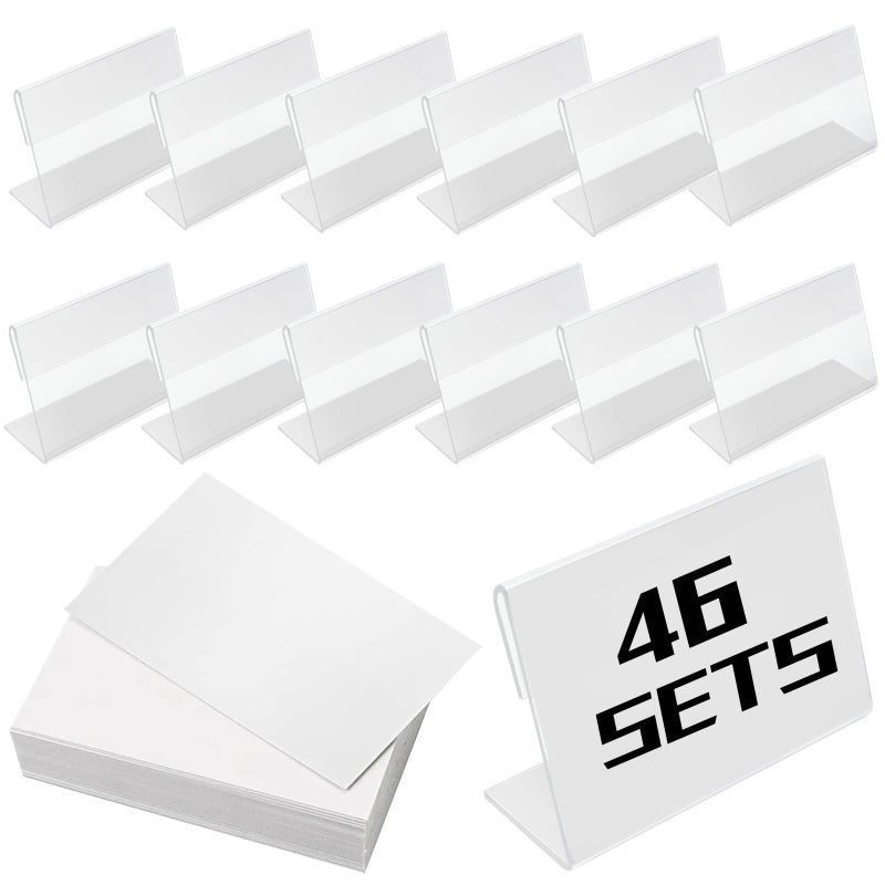 Openfly 46 Pack Mini Clear Acrylic Sign Display Holder 24x 16 Inch LShape Sign Holders with Blank Labels Card Tag Label Counter Top Stand Small Chalkboards Sign for Retail Bakery Buffet Wedding