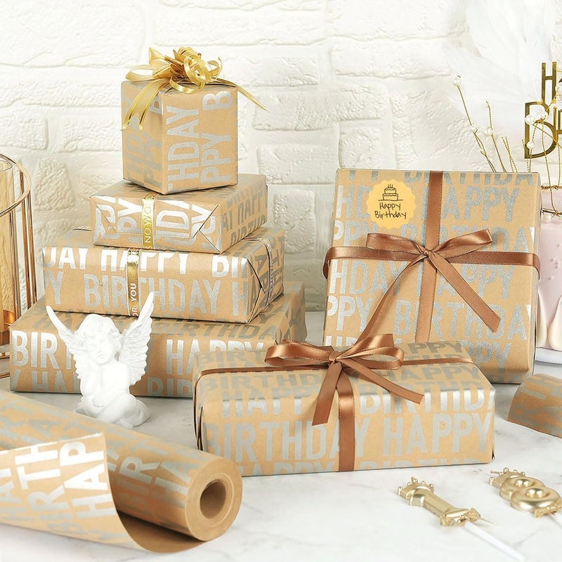 KASTWAVE Silver Birthday Wrapping Paper Roll 43cm x 3m, Brown Kraft Gift Wrap Set with Stickers and Paper Rope, Happy Birthday Wrapping Paper for Boys, Girls, Men and Women Party Gifts - Image 5