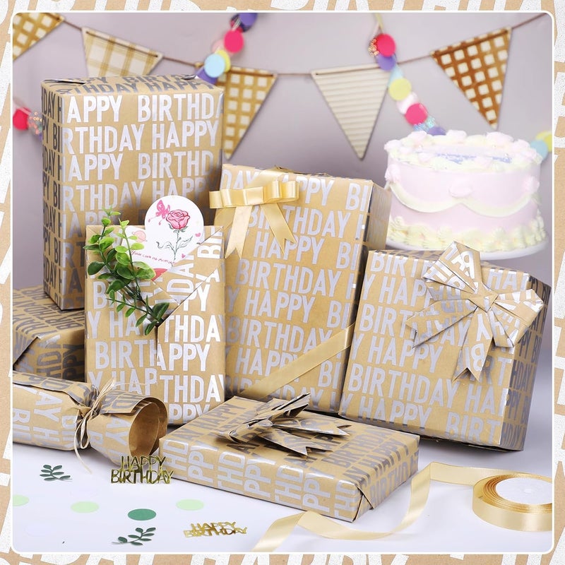 KASTWAVE Silver Birthday Wrapping Paper Roll 43cm x 3m, Brown Kraft Gift Wrap Set with Stickers and Paper Rope, Happy Birthday Wrapping Paper for Boys, Girls, Men and Women Party Gifts - Image 3