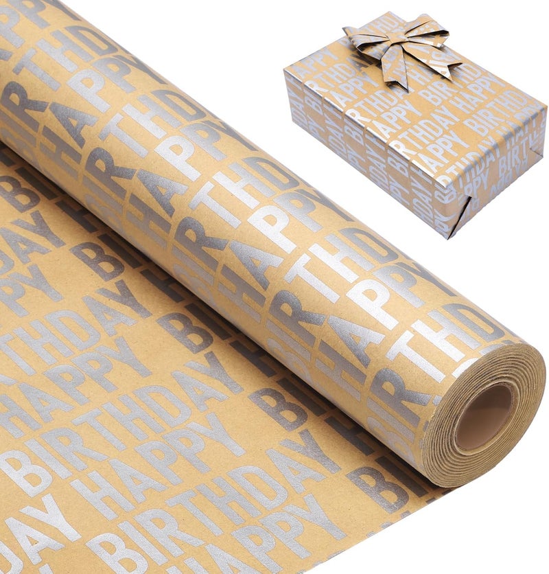 KASTWAVE Silver Birthday Wrapping Paper Roll 43cm x 3m, Brown Kraft Gift Wrap Set with Stickers and Paper Rope, Happy Birthday Wrapping Paper for Boys, Girls, Men and Women Party Gifts - Image 1