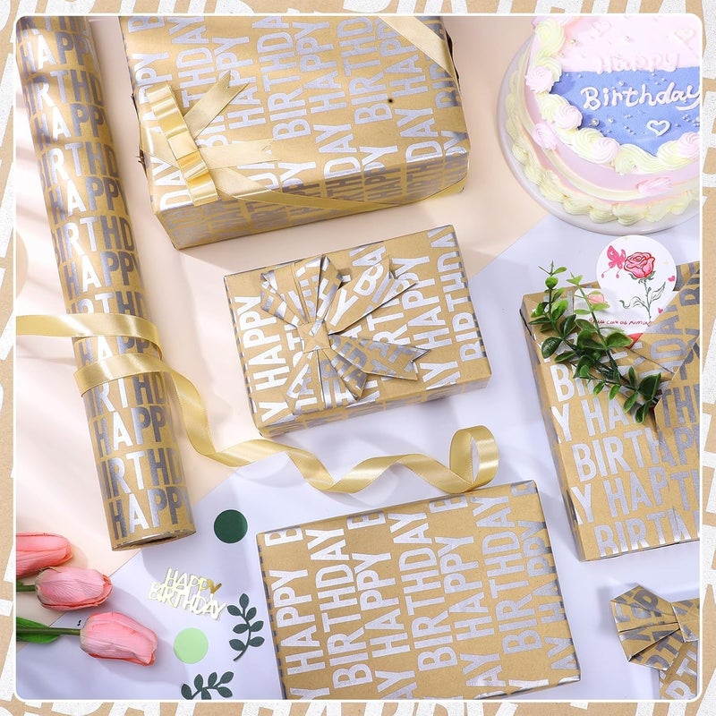 KASTWAVE Silver Birthday Wrapping Paper Roll 43cm x 3m, Brown Kraft Gift Wrap Set with Stickers and Paper Rope, Happy Birthday Wrapping Paper for Boys, Girls, Men and Women Party Gifts - Image 4