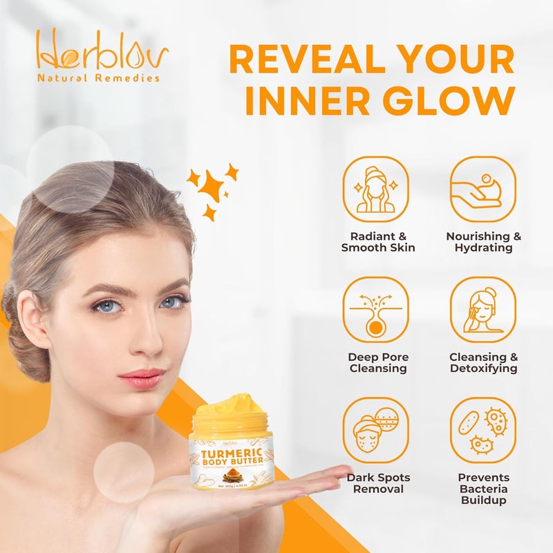 Herblov كريم وجه بالكركم لوشن تفتيح البشرة الطبيعي بالكامل زبدة الجسم المخفوقة بالكركم للبقع الداكنة فرط التصبغ العناية بالبشرة بالكركم ينظف يحارب حب الشباب يوازن لون الندبات أضرار الشمس - Image 4