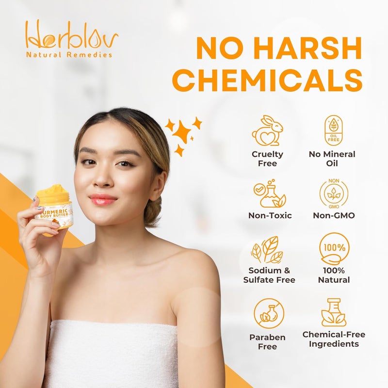 Herblov كريم وجه بالكركم لوشن تفتيح البشرة الطبيعي بالكامل زبدة الجسم المخفوقة بالكركم للبقع الداكنة فرط التصبغ العناية بالبشرة بالكركم ينظف يحارب حب الشباب يوازن لون الندبات أضرار الشمس - Image 5