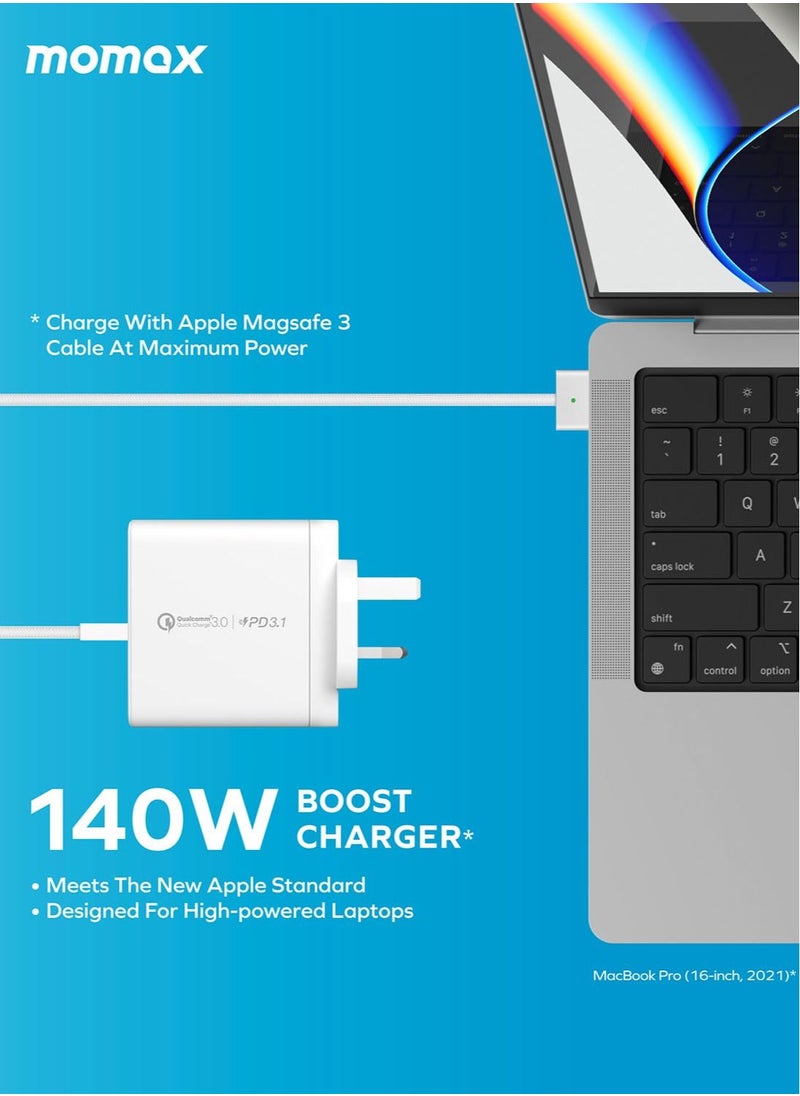 Momax - UM27 One Plug 3-Port [140W] Fast Wall Charger [GaN tech] 2x USB-C PD 3.1 Power Delivery + 1x USB QC 3.0 PPS SCP Charging Adapter - White - Image 1