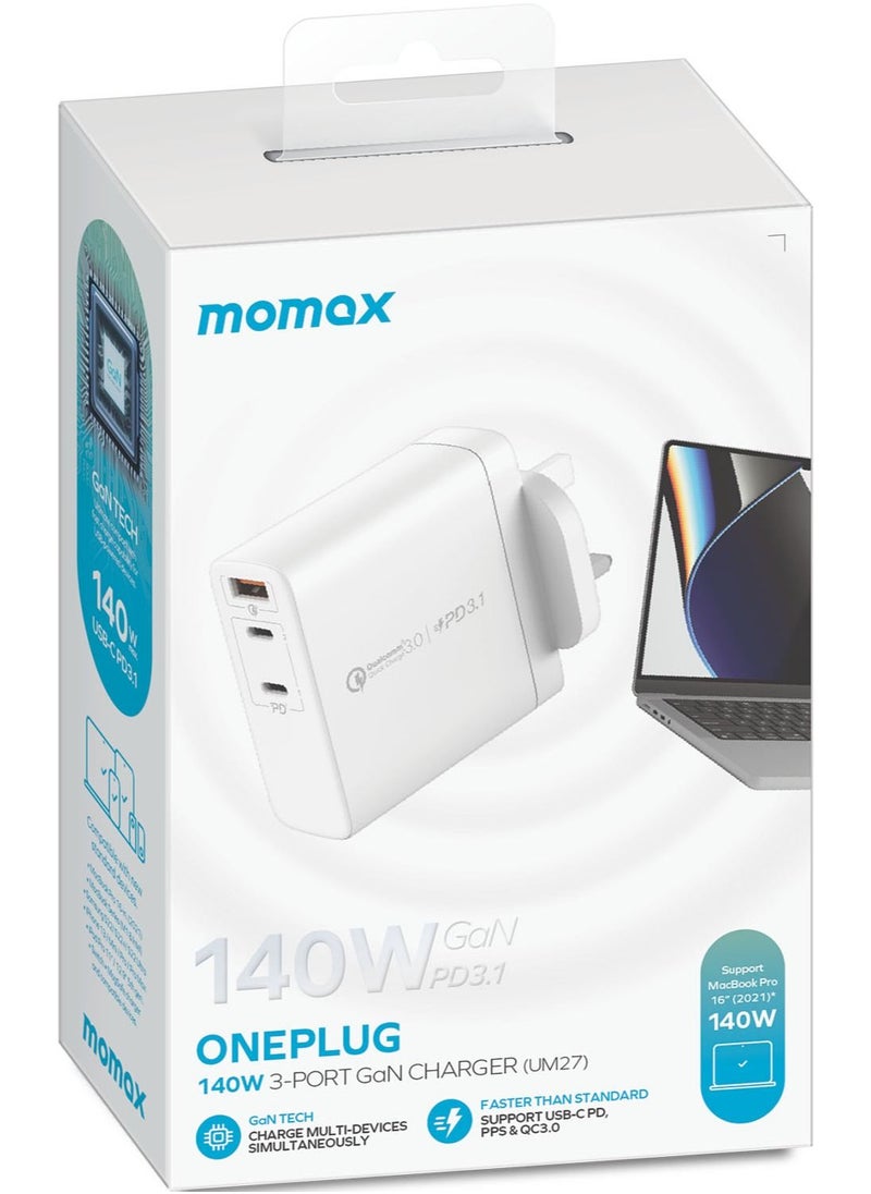 Momax - UM27 One Plug 3-Port [140W] Fast Wall Charger [GaN tech] 2x USB-C PD 3.1 Power Delivery + 1x USB QC 3.0 PPS SCP Charging Adapter - White - Image 1