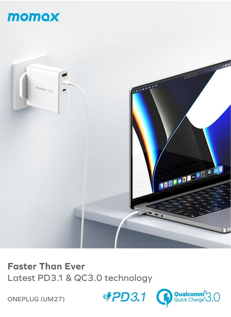 Momax - UM27 One Plug 3-Port [140W] Fast Wall Charger [GaN tech] 2x USB-C PD 3.1 Power Delivery + 1x USB QC 3.0 PPS SCP Charging Adapter - White - Image 1