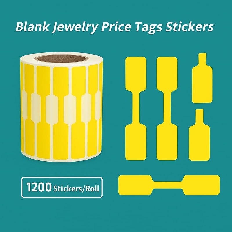 BAR-CODING TECH 1200 Pcs Jewelry Price Tags | Yellow Dumbbell Blank Stickers | Glossy Finish | Self Adhesive Jewelry Labels | for Bracelet | Ring | Necklace | Earring | 1 Roll (1200 Labels) - Image 4